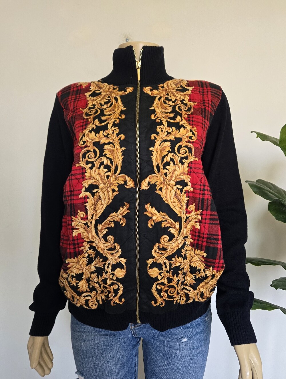 Ralph Lauren Quilted Tartan Plaid & Gold Leaves Zip Jacket Cardigan 1X